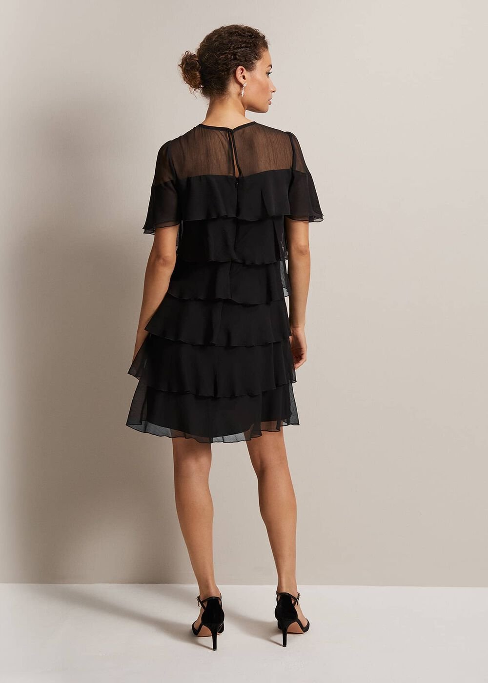 Black Tiered Shift Dress with Short Fluttery Sleeves - Black