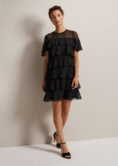 Black Tiered Shift Dress with Short Fluttery Sleeves - Black