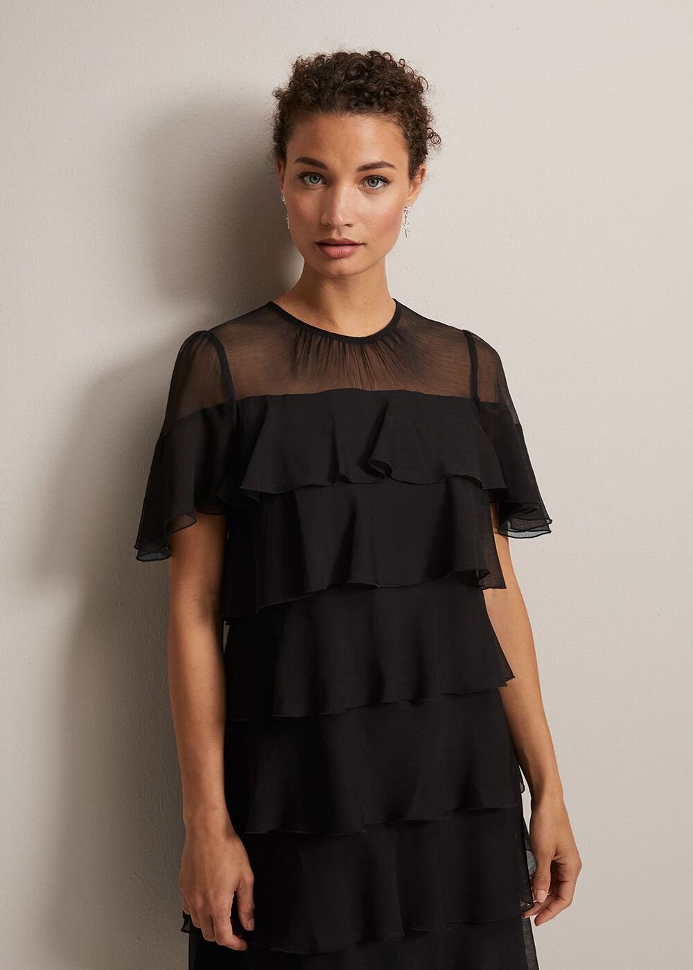 Black Tiered Shift Dress with Short Fluttery Sleeves - Black
