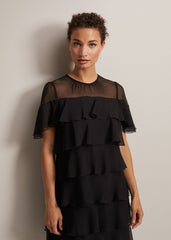 Black Tiered Shift Dress with Short Fluttery Sleeves - Black