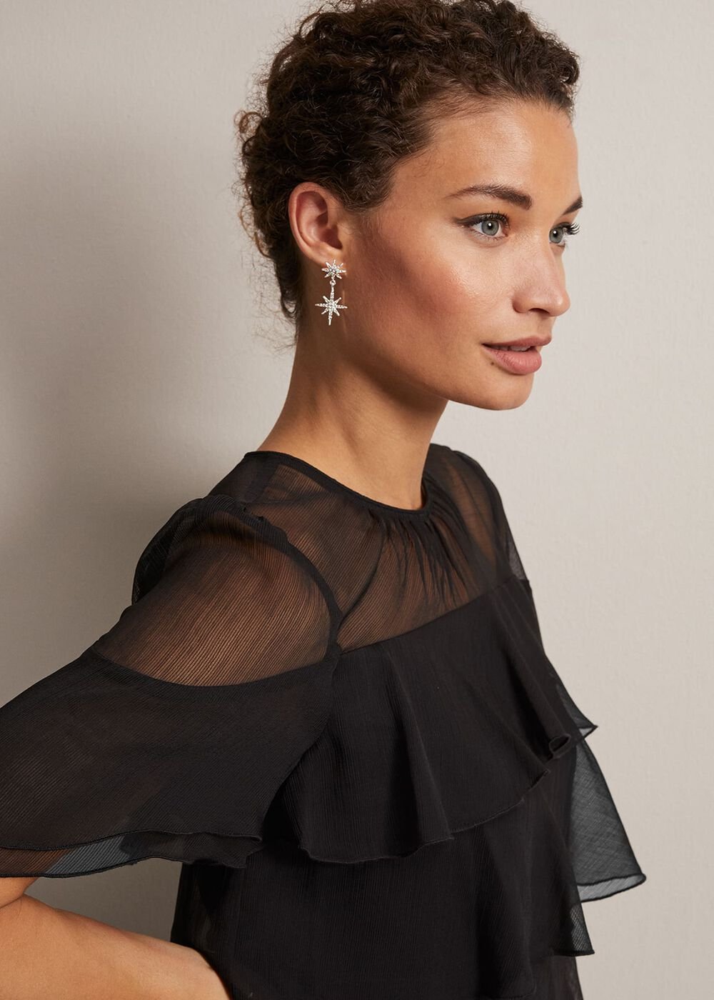 Black Tiered Shift Dress with Short Fluttery Sleeves - Black