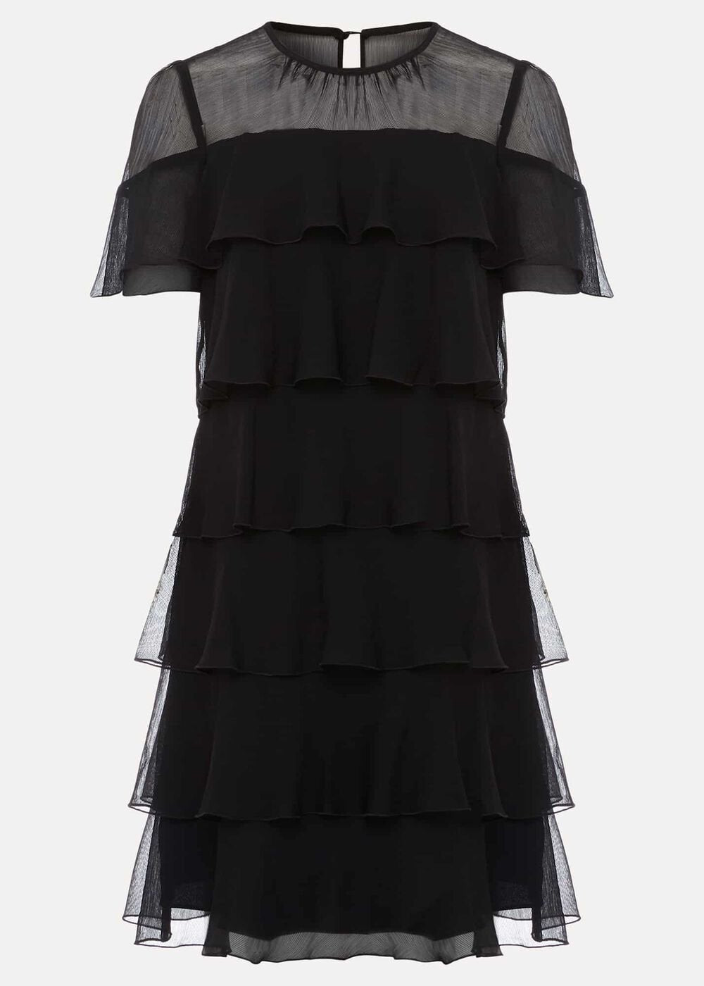 Black Tiered Shift Dress with Short Fluttery Sleeves - Black