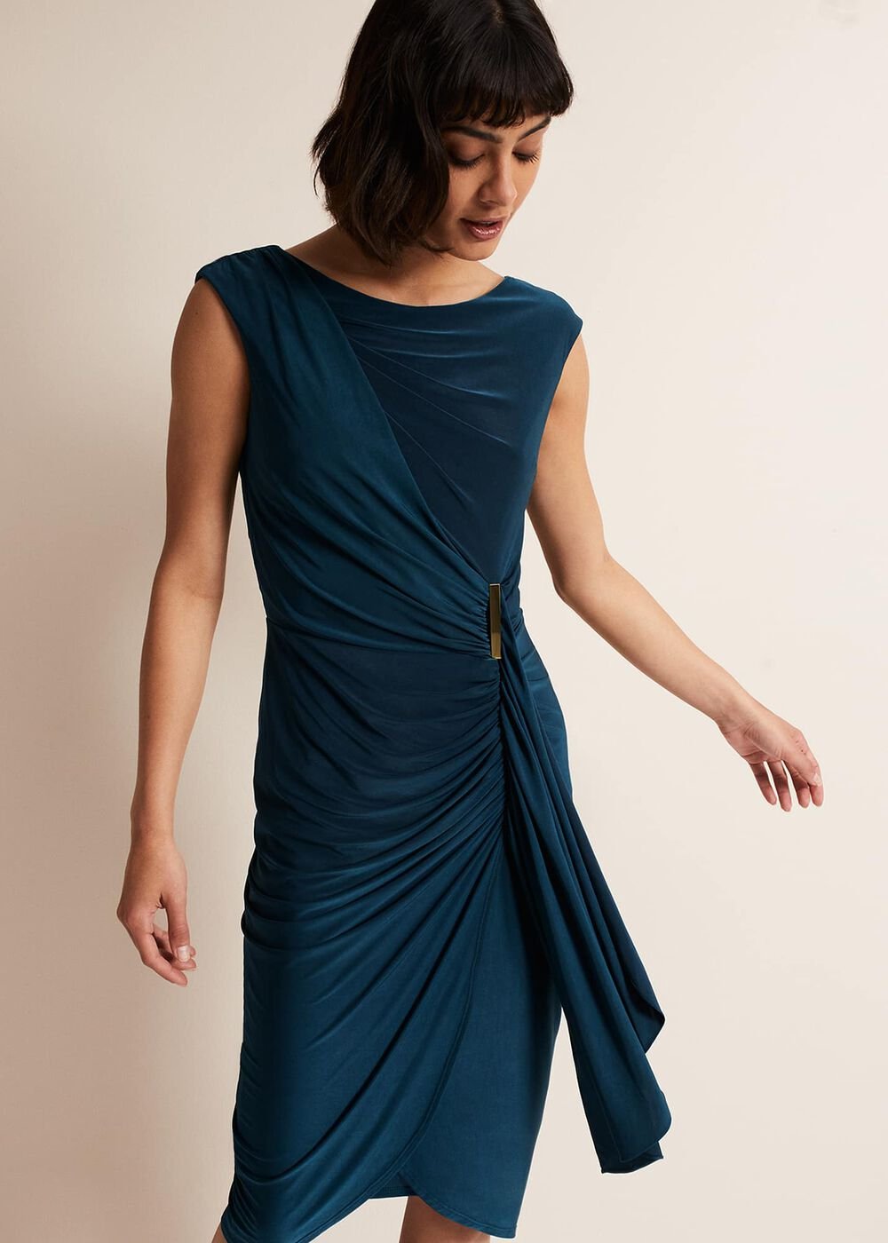 Teal Sleeveless Ruched Bodycon Midi Dress - Teal
