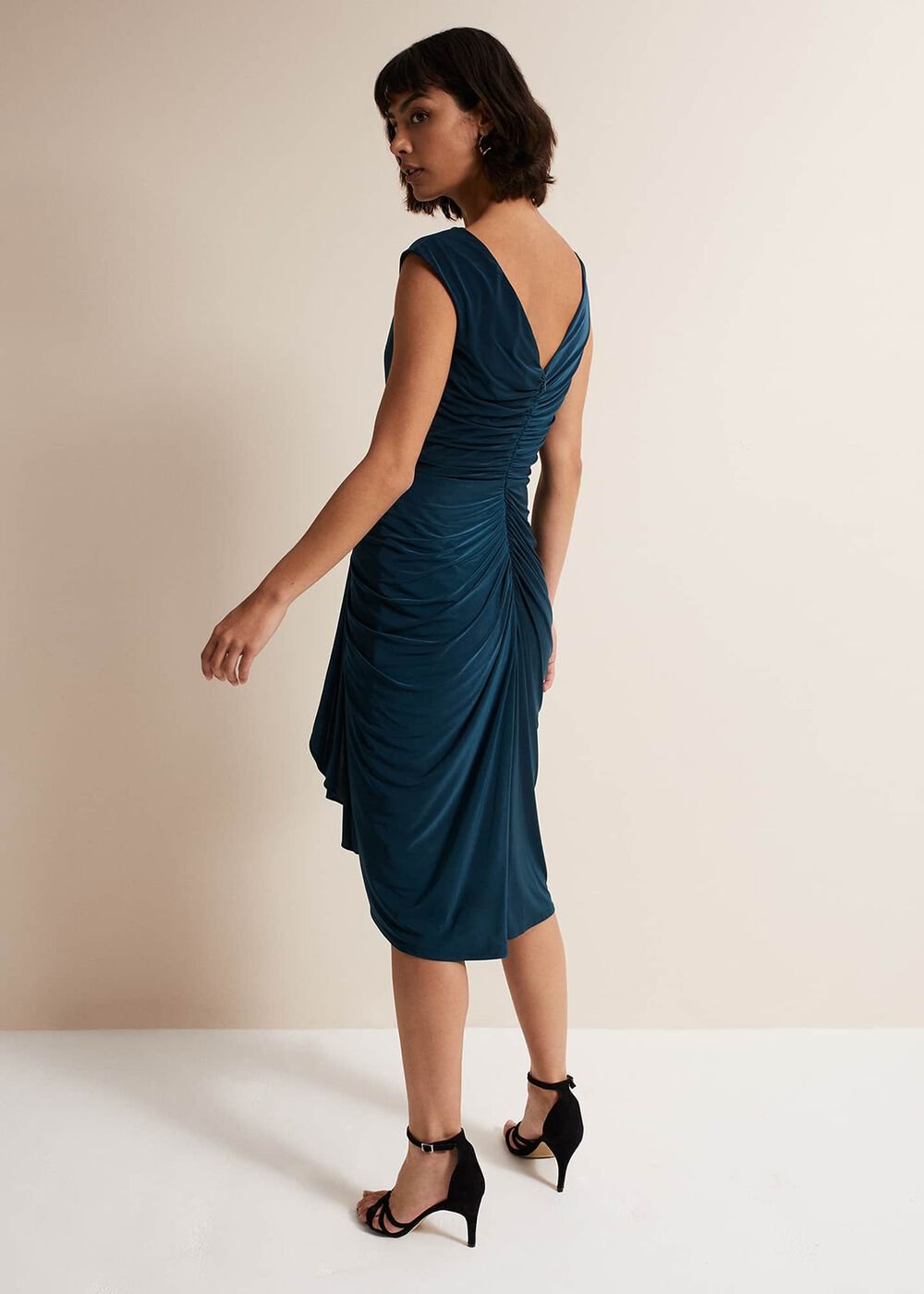 Teal Sleeveless Ruched Bodycon Midi Dress - Teal