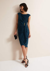 Teal Sleeveless Ruched Bodycon Midi Dress - Teal
