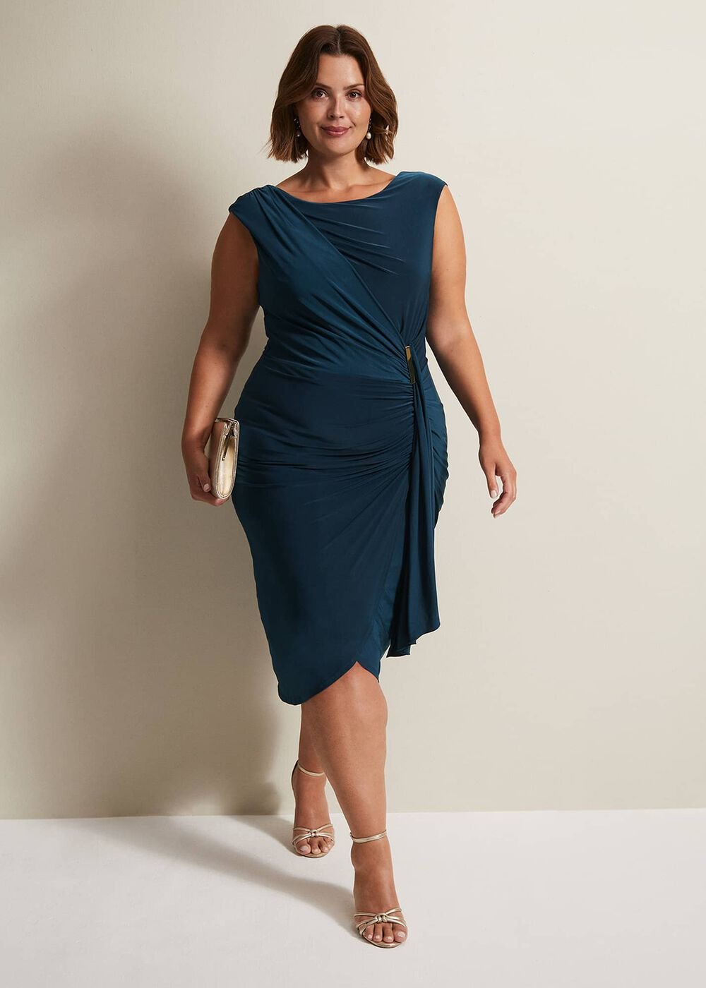Teal Sleeveless Ruched Bodycon Midi Dress - Teal