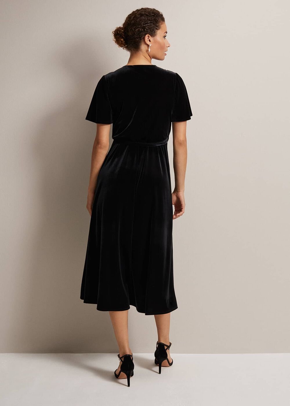Julissa Velvet Ruffle Wrap Midi Dress - Black