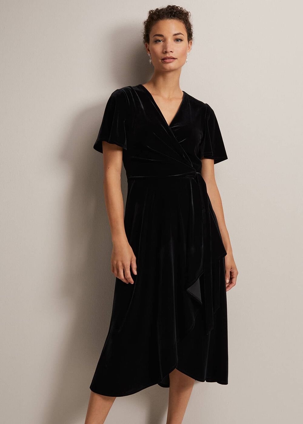 Julissa Velvet Ruffle Wrap Midi Dress - Black