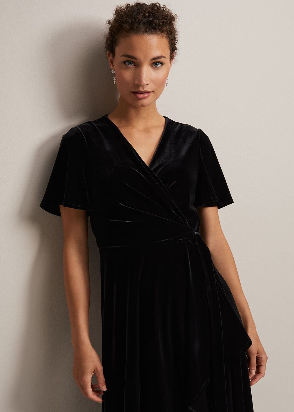 Julissa Velvet Ruffle Wrap Midi Dress - Black