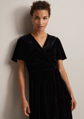 Julissa Velvet Ruffle Wrap Midi Dress - Black