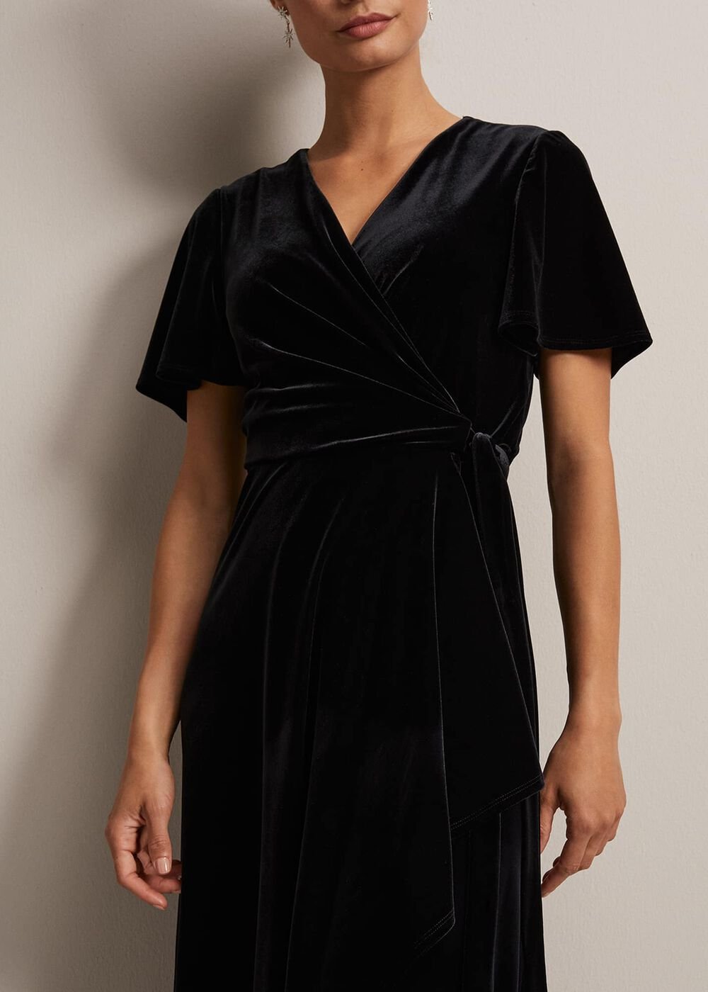 Julissa Velvet Ruffle Wrap Midi Dress - Black
