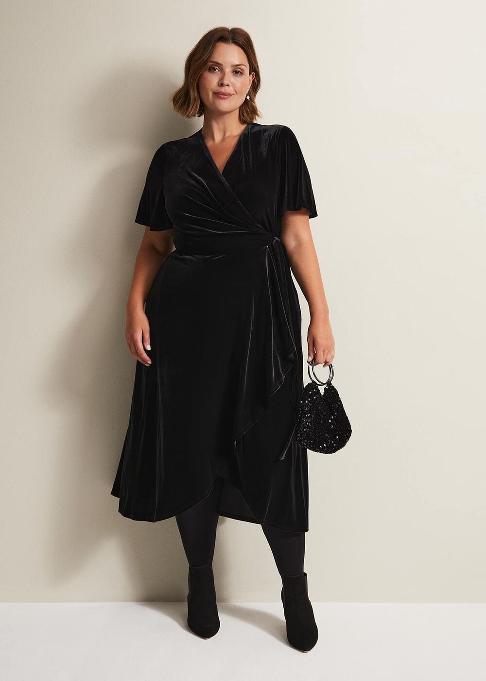 Julissa Velvet Ruffle Wrap Midi Dress - Black