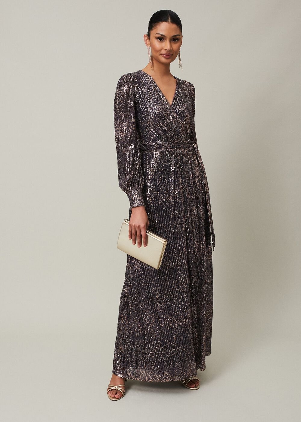 Sequin Maxi Dress with Long Sleeves & Wrap Around Bodice - Rose Gold