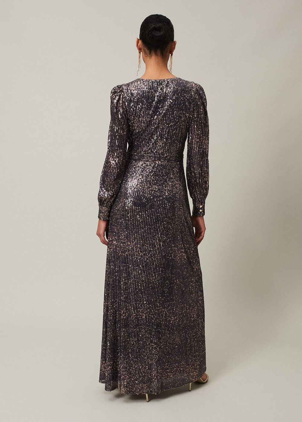Sequin Maxi Dress with Long Sleeves & Wrap Around Bodice - Rose Gold