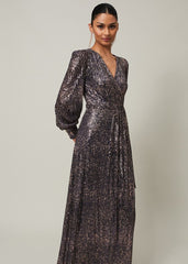 Sequin Maxi Dress with Long Sleeves & Wrap Around Bodice - Rose Gold