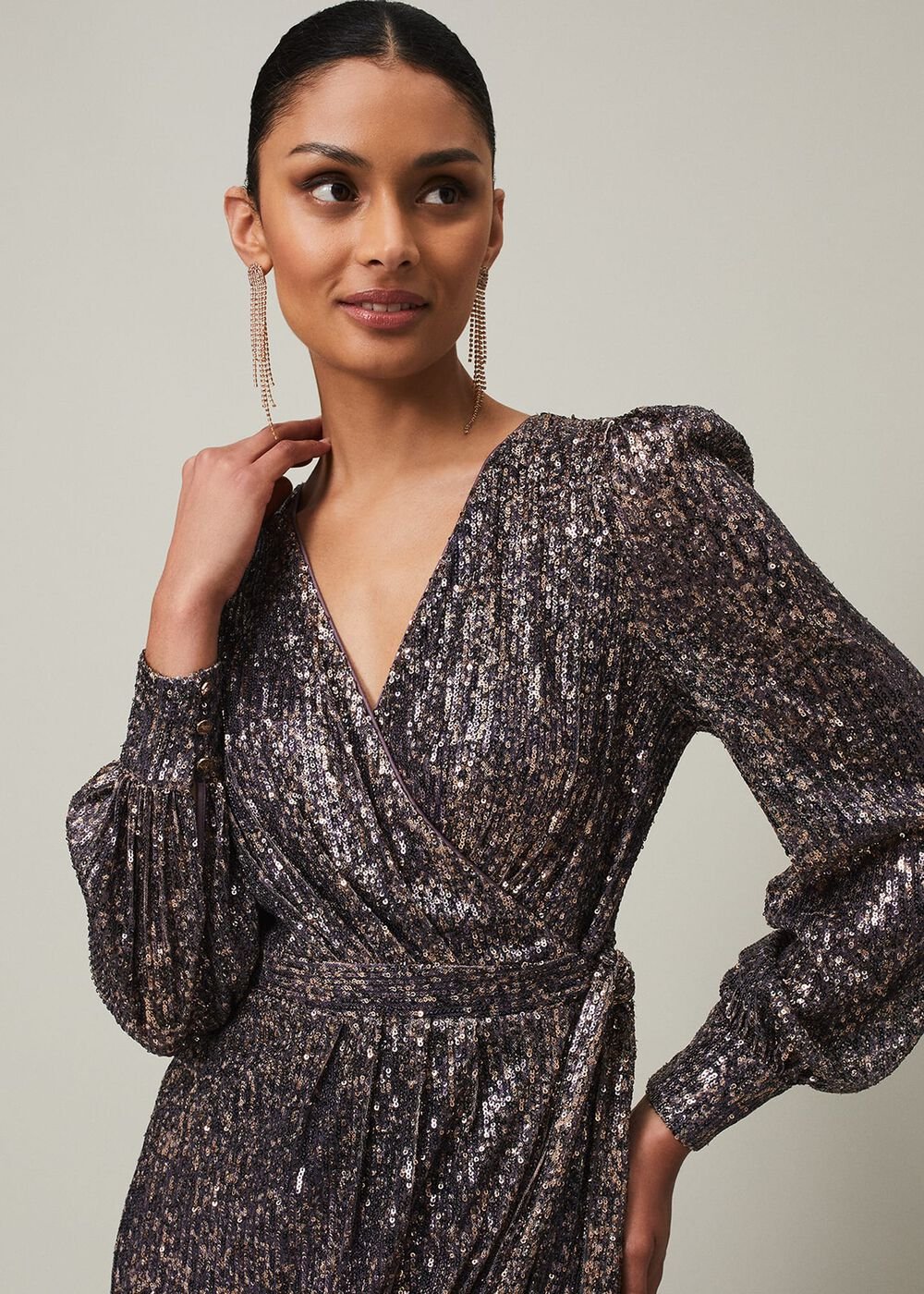 Sequin Maxi Dress with Long Sleeves & Wrap Around Bodice - Rose Gold