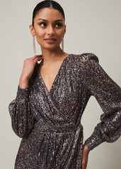 Sequin Maxi Dress with Long Sleeves & Wrap Around Bodice - Rose Gold