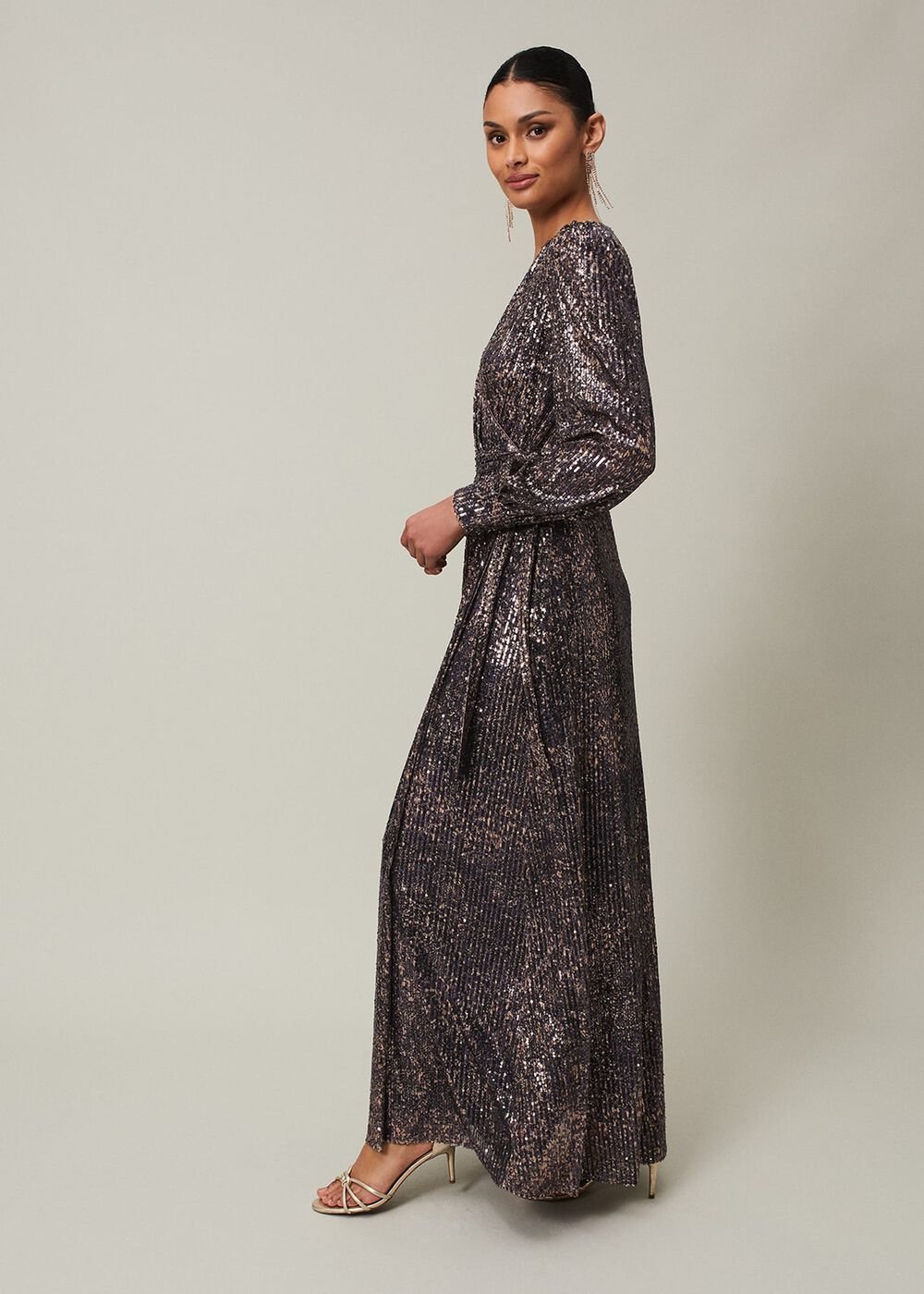 Sequin Maxi Dress with Long Sleeves & Wrap Around Bodice - Rose Gold