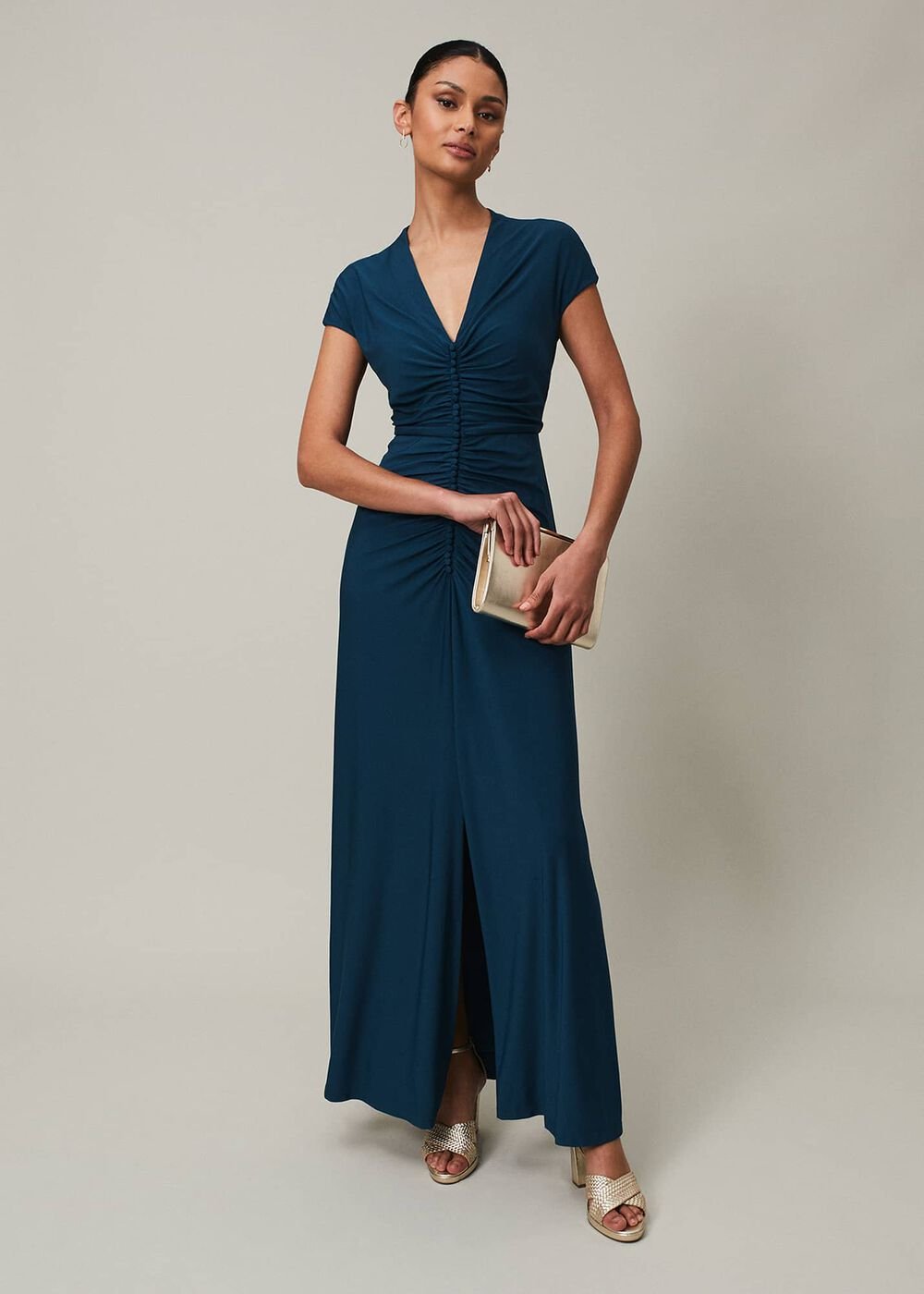 Ruched Maxi Dress with V-Neck & Short Sleeves in Teal - Teal