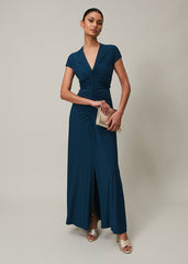 Ruched Maxi Dress with V-Neck & Short Sleeves in Teal - Teal