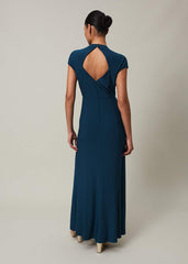 Ruched Maxi Dress with V-Neck & Short Sleeves in Teal - Teal