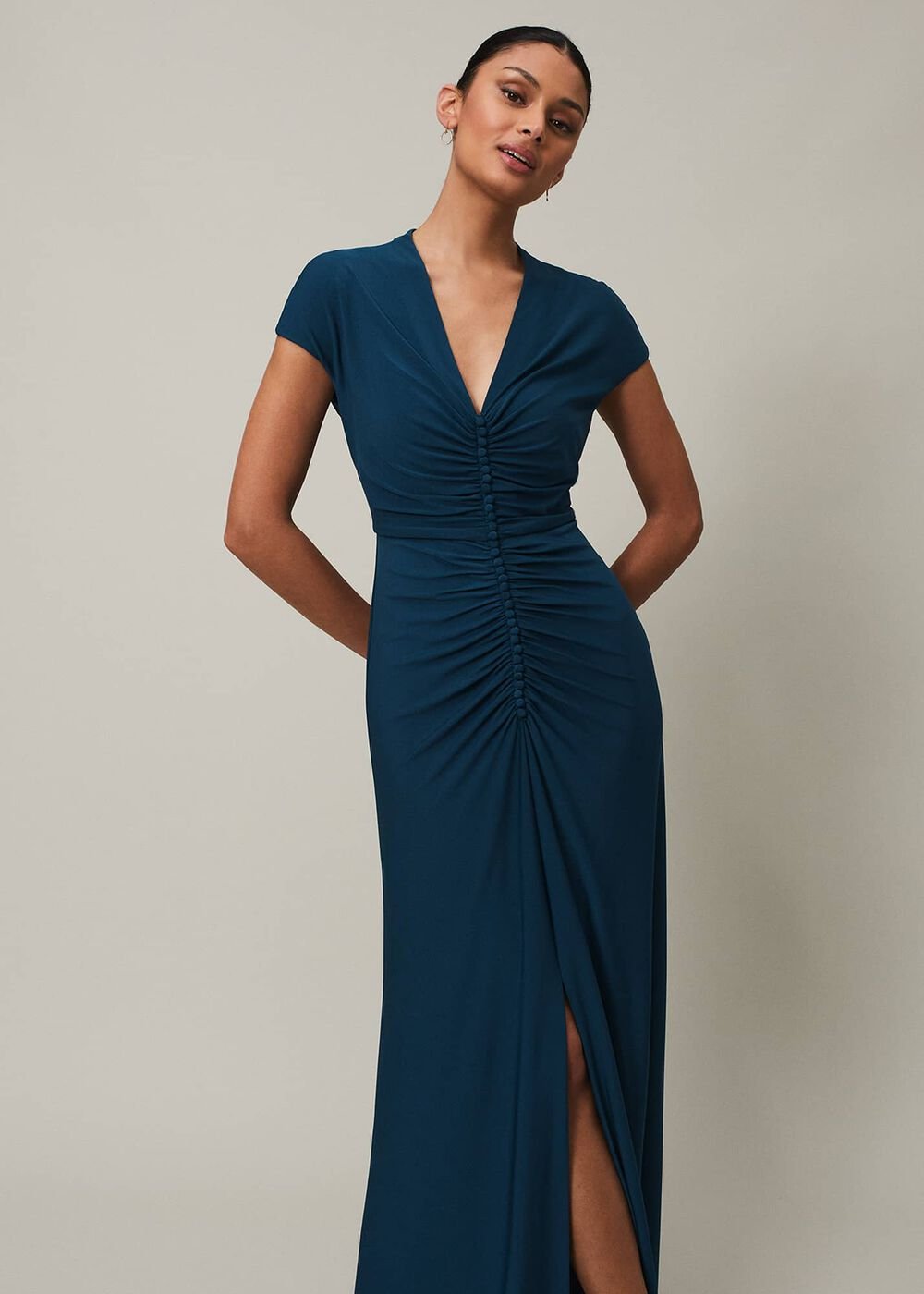 Ruched Maxi Dress with V-Neck & Short Sleeves in Teal - Teal