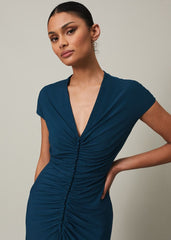 Ruched Maxi Dress with V-Neck & Short Sleeves in Teal - Teal