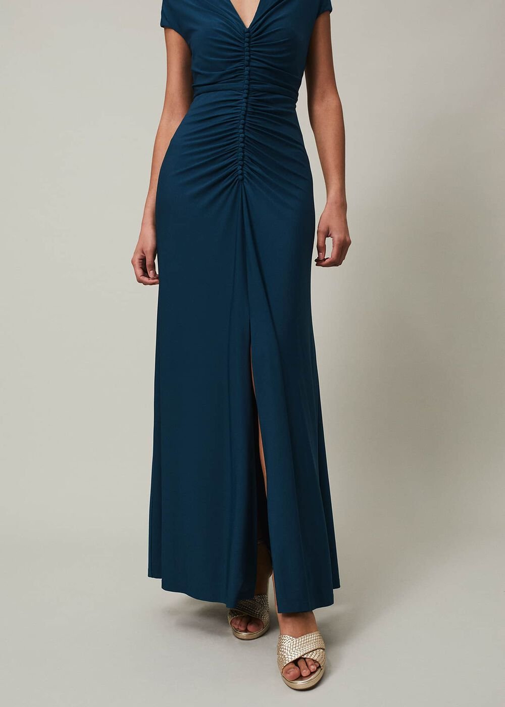 Ruched Maxi Dress with V-Neck & Short Sleeves in Teal - Teal