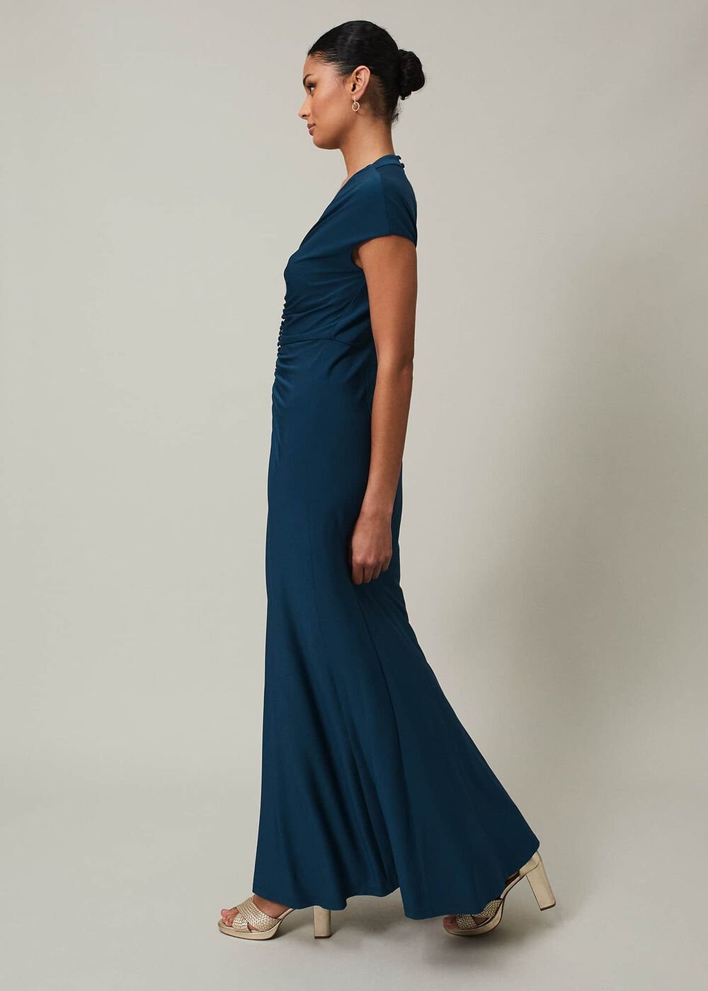 Ruched Maxi Dress with V-Neck & Short Sleeves in Teal - Teal