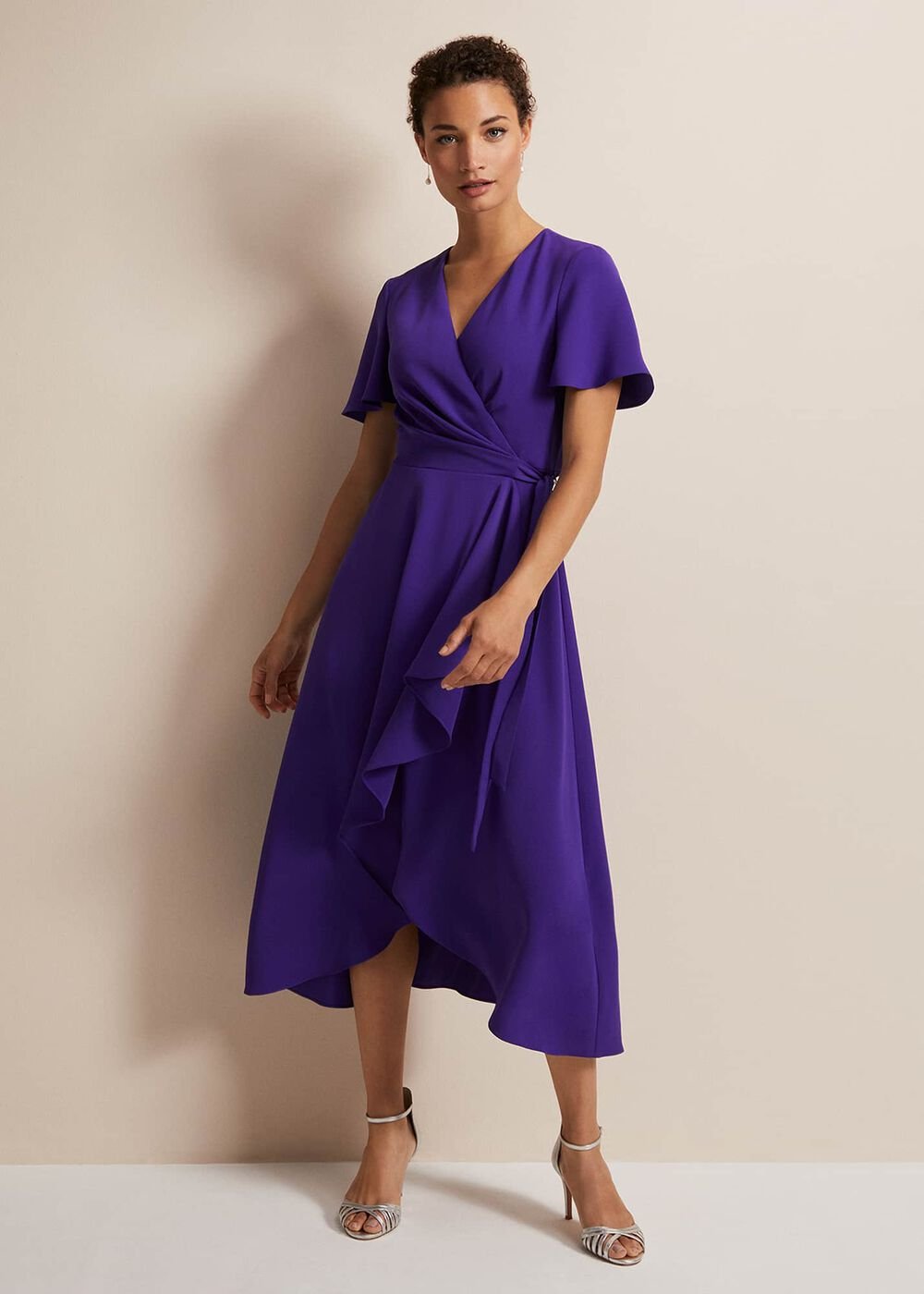 Purple Ruffle Wrap Midi Dress with V-Neck - Purple