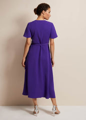 Purple Ruffle Wrap Midi Dress with V-Neck - Purple