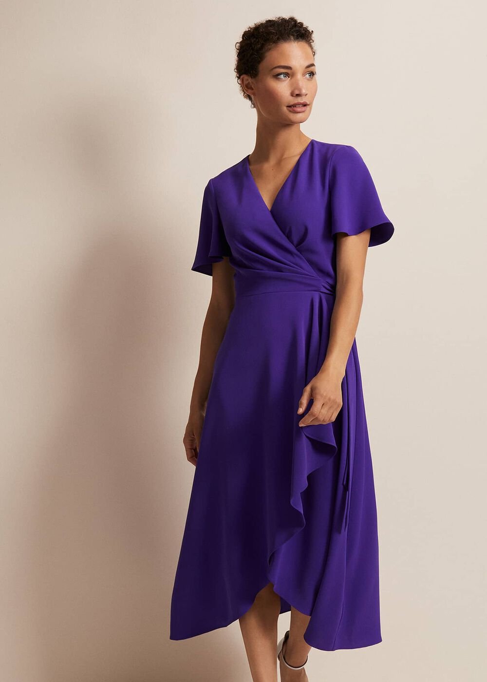 Purple Ruffle Wrap Midi Dress with V-Neck - Purple