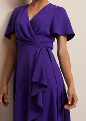 Purple Ruffle Wrap Midi Dress with V-Neck - Purple