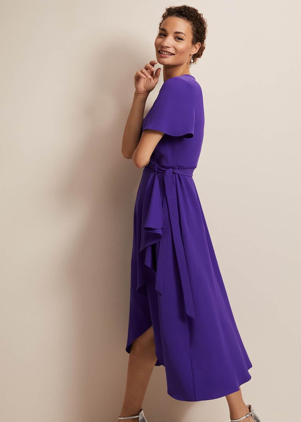 Purple Ruffle Wrap Midi Dress with V-Neck - Purple