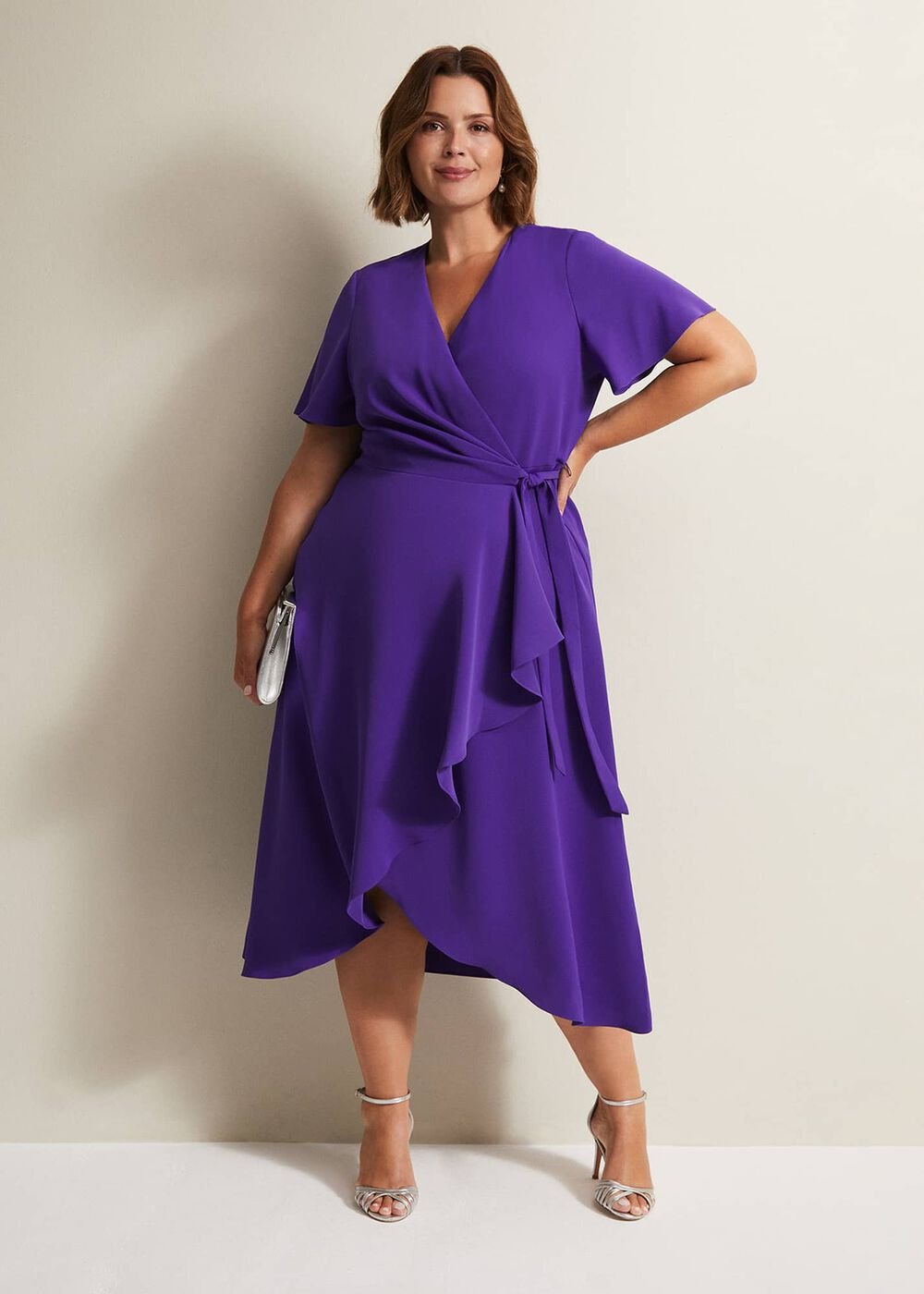 Purple Ruffle Wrap Midi Dress with V-Neck - Purple