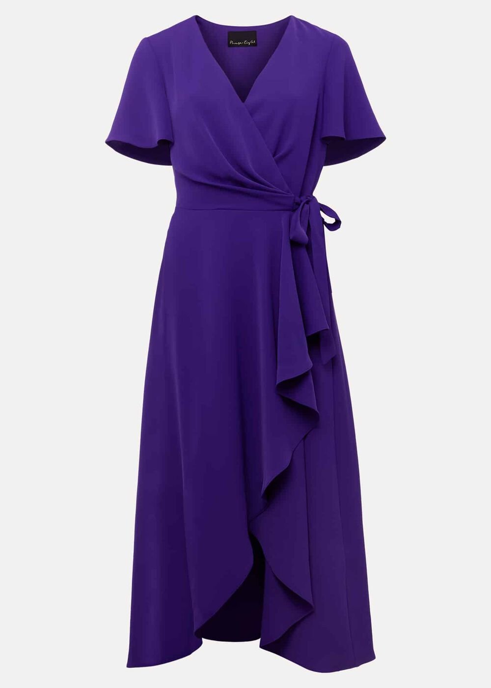 Purple Ruffle Wrap Midi Dress with V-Neck - Purple