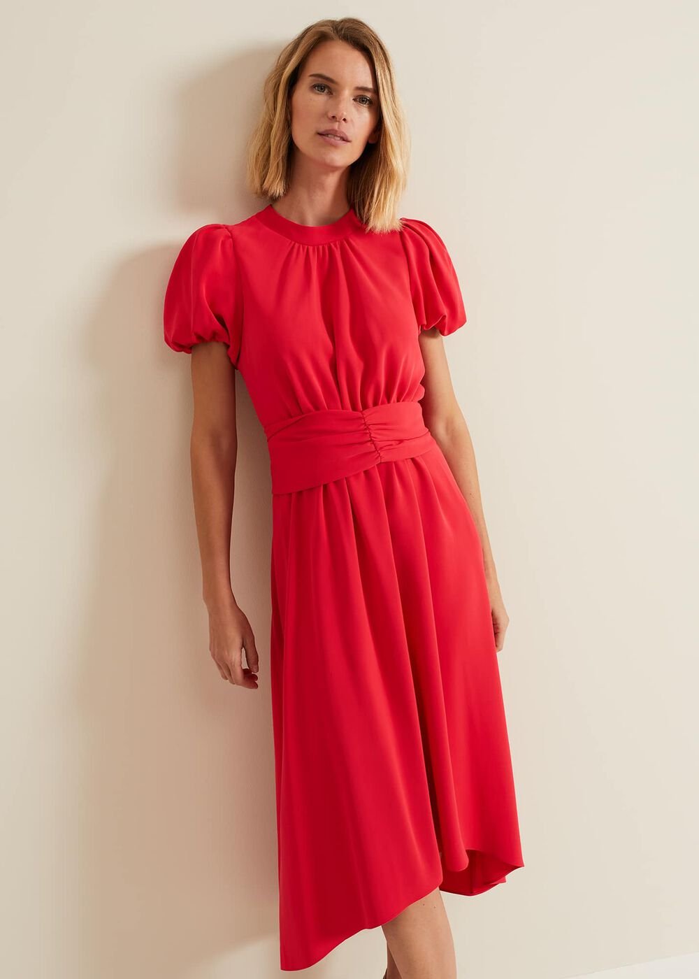 Paulina Coral Puff Sleeve Midi Dress - Coral