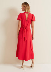 Paulina Coral Puff Sleeve Midi Dress - Coral