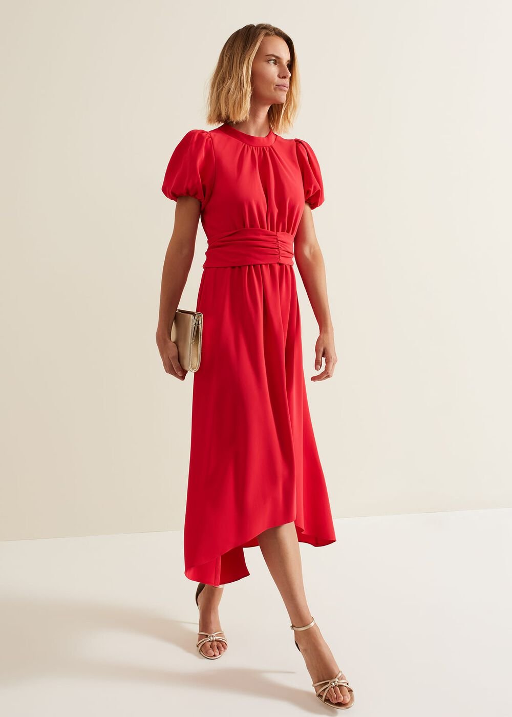 Paulina Coral Puff Sleeve Midi Dress - Coral