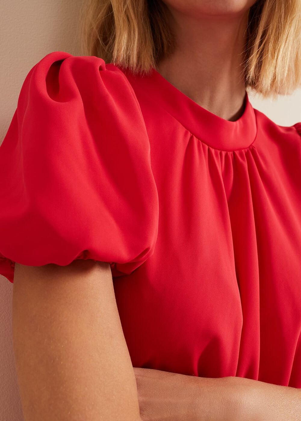 Paulina Coral Puff Sleeve Midi Dress - Coral