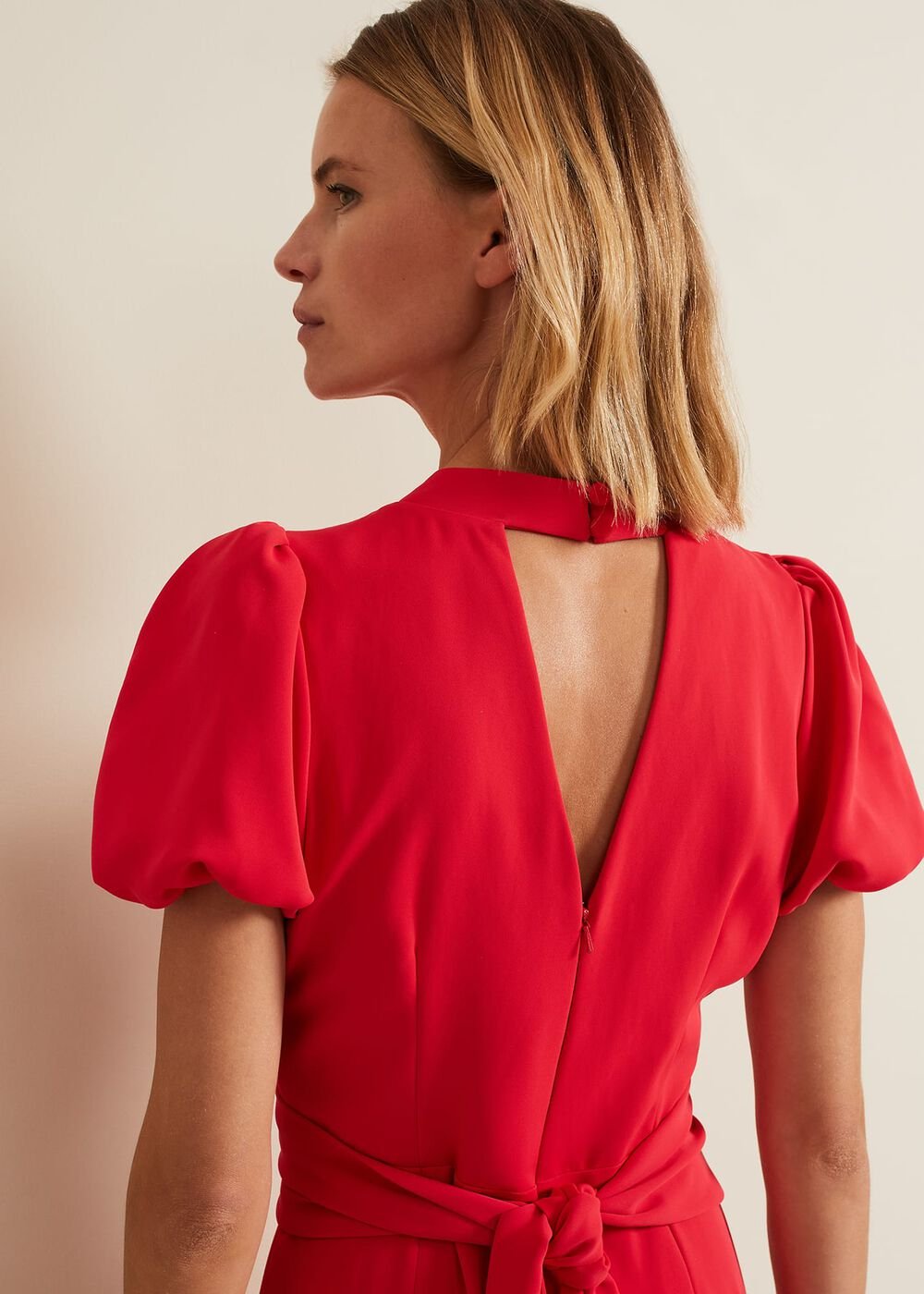 Paulina Coral Puff Sleeve Midi Dress - Coral