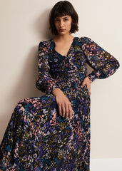 Navy Multicoloured Tie Front Floral Pleated Midi Dress - Multi-Coloured