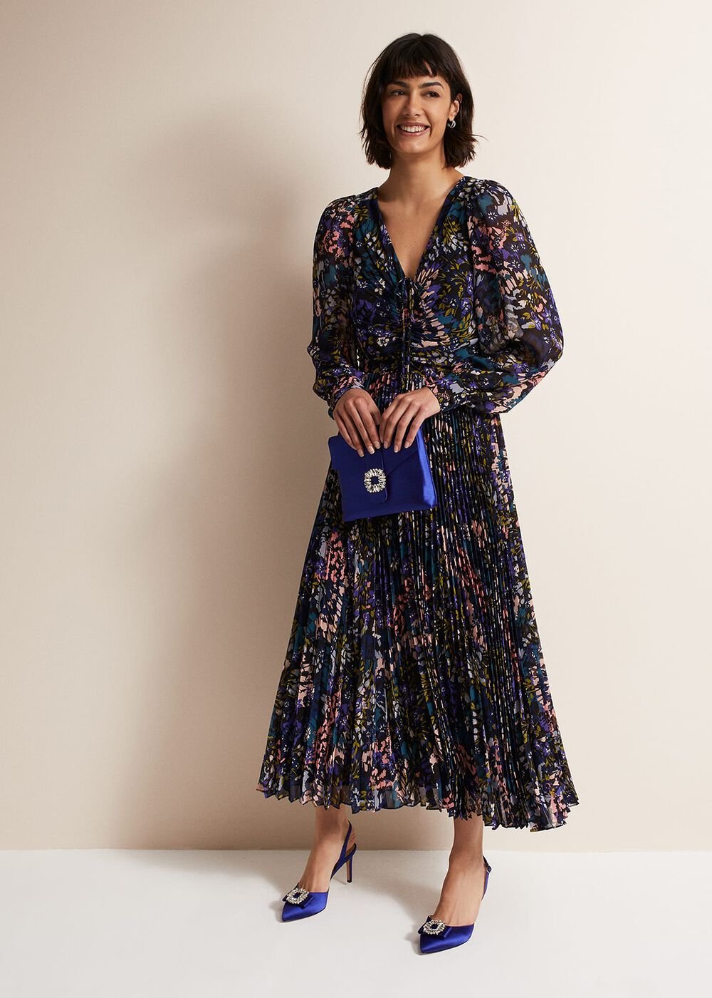 Navy Multicoloured Tie Front Floral Pleated Midi Dress - Multi-Coloured