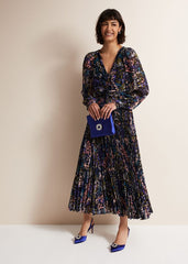 Navy Multicoloured Tie Front Floral Pleated Midi Dress - Multi-Coloured
