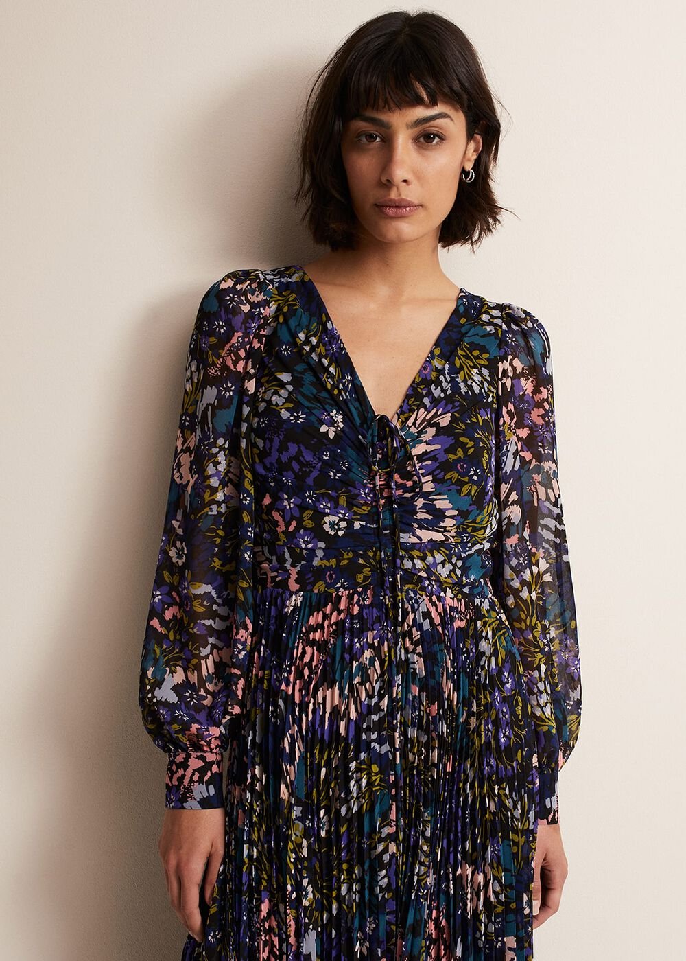 Navy Multicoloured Tie Front Floral Pleated Midi Dress - Multi-Coloured