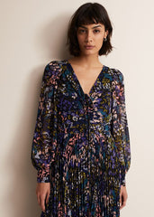 Navy Multicoloured Tie Front Floral Pleated Midi Dress - Multi-Coloured