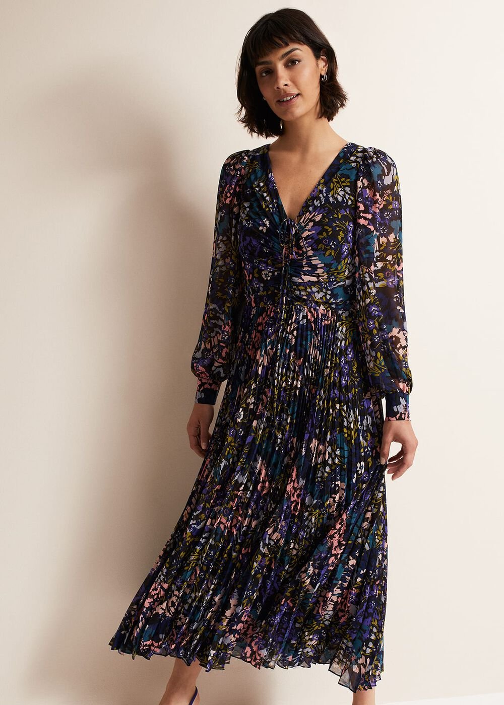 Navy Multicoloured Tie Front Floral Pleated Midi Dress - Multi-Coloured