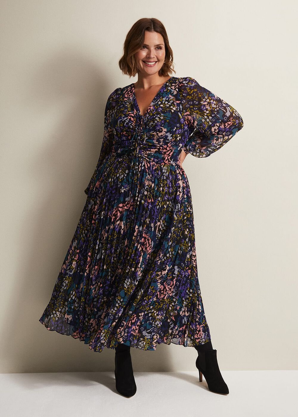 Navy Multicoloured Tie Front Floral Pleated Midi Dress - Multi-Coloured