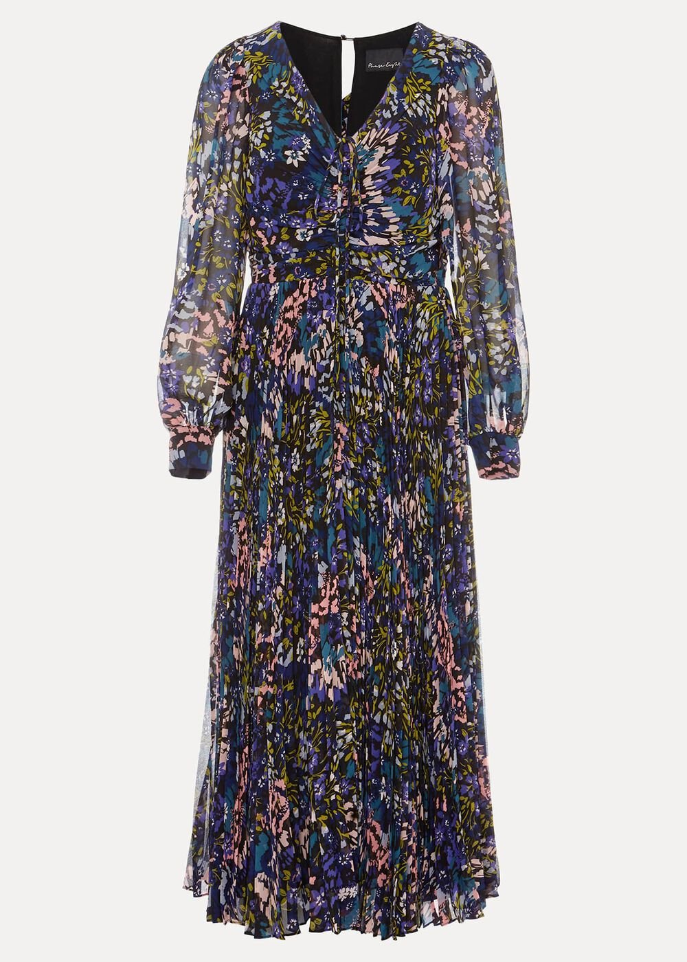 Navy Multicoloured Tie Front Floral Pleated Midi Dress - Multi-Coloured