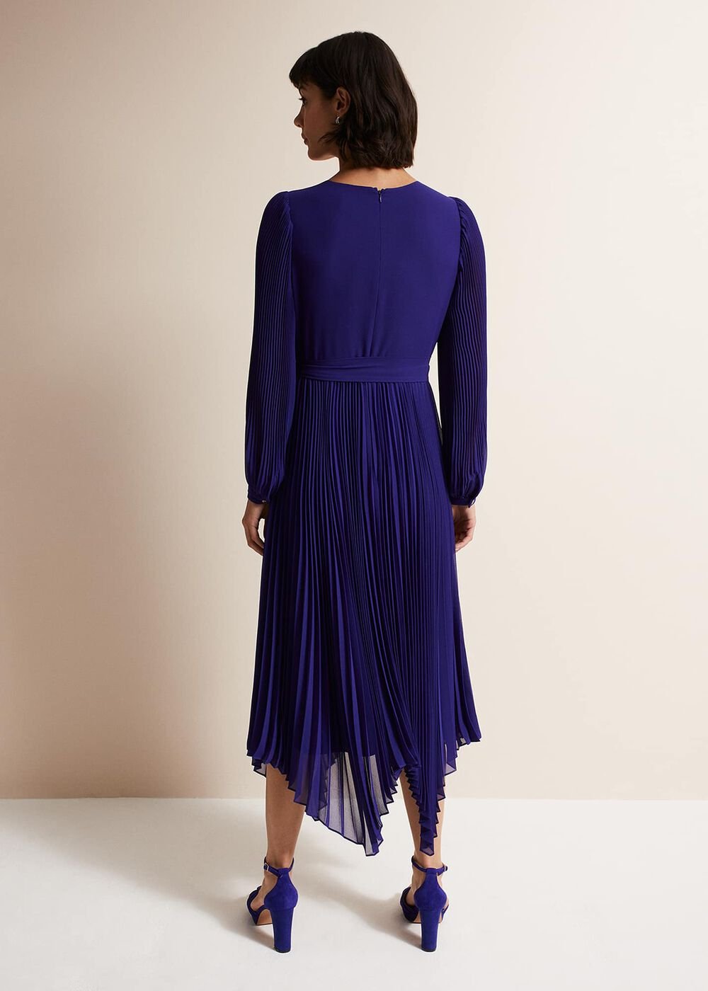 Cobalt Blue Long Sleeve Pleated Midi Wrap Dress - Cobalt